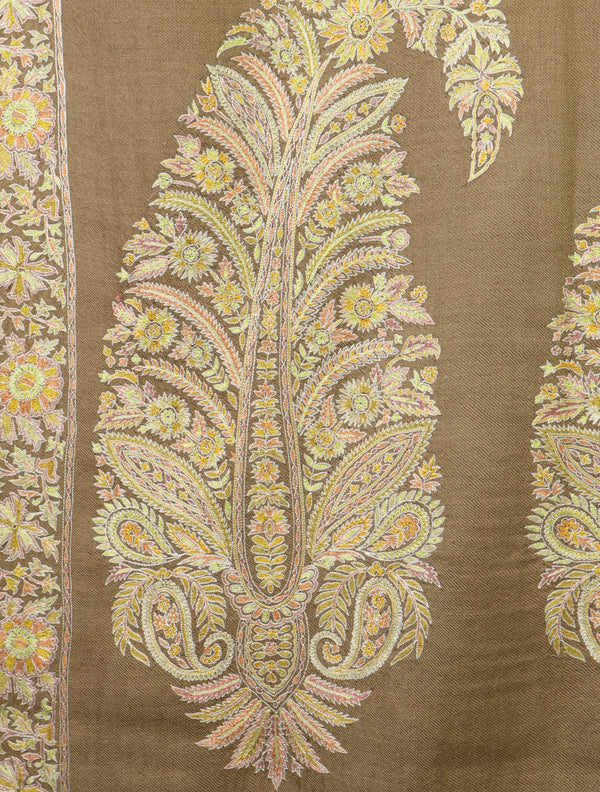 3 yard Beige Big Border Embroidery Cashmere Pashmina Shawl – detail view