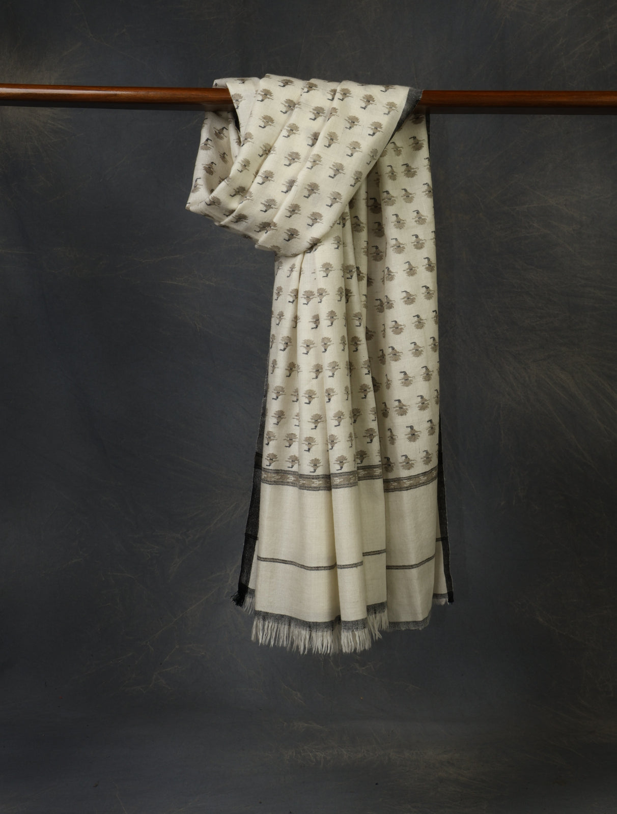 Ivory Black Buteh Pashmina Kani Shawl