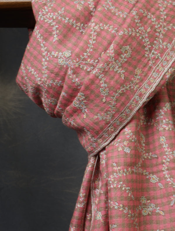 Pink Checkered Base Jali Embroidery Cashmere Pashmina Shawl – detail view