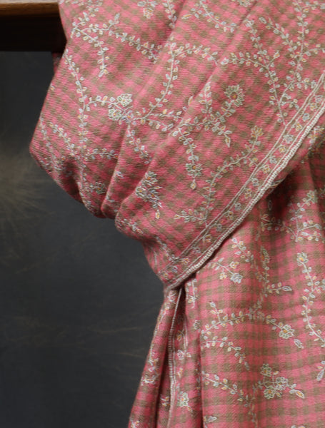Pink Checkered Base Jali Embroidery Cashmere Pashmina Shawl