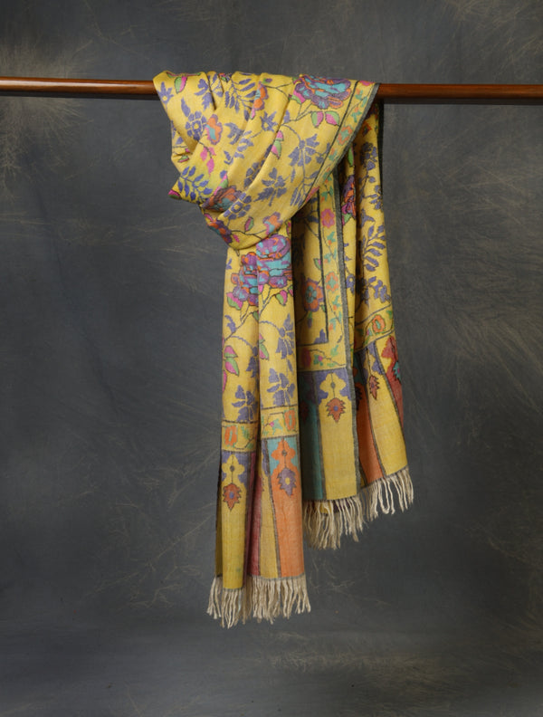 Lemon Kani floral Pashmina Shawl – Authentic Kashmir Kani Shawl
