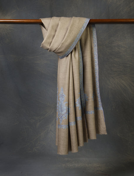 Natural Base Blue Border Embroidery Cashmere Pashmina Shawl
