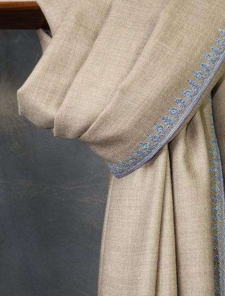 Natural Base Blue Border Embroidery Cashmere Pashmina Shawl