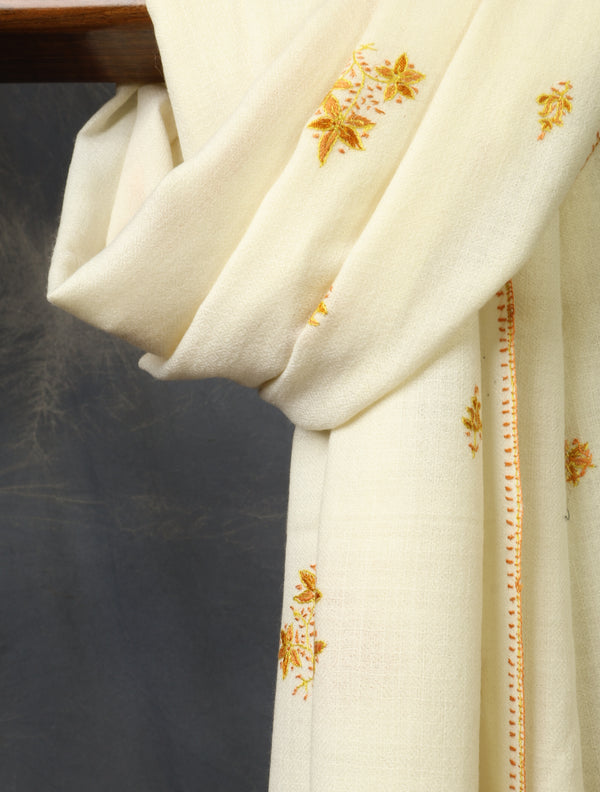 Ivory Base Boteh Embroidery Pashmina Cashmere Scarf – detail view