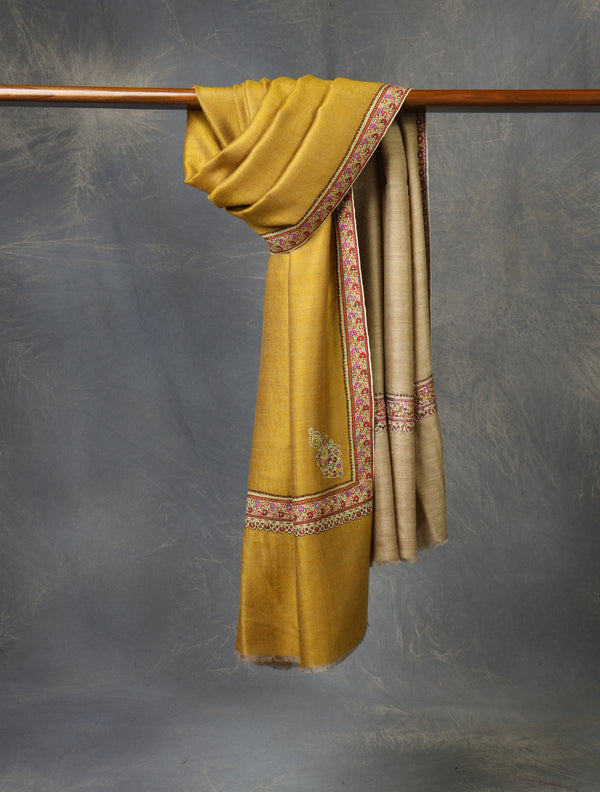 Mustard And Natural Base Small Border Embroidery Cashmere Pashmina Shawl