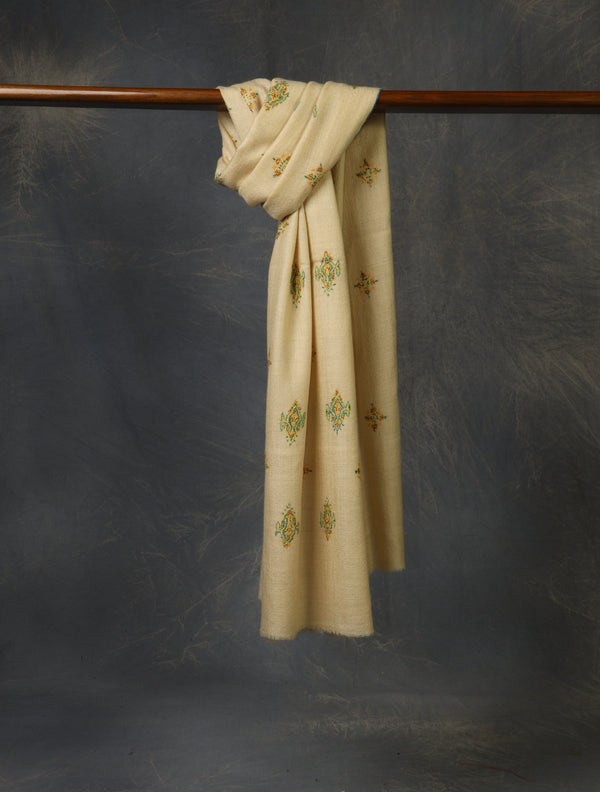Natural Base Boteh Embroidery Pashmina Cashmere Scarf