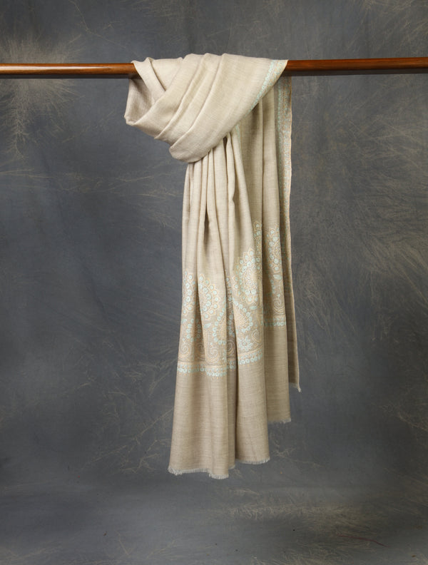 Natural Base Big Border Embroidery Cashmere Pashmina Shawl