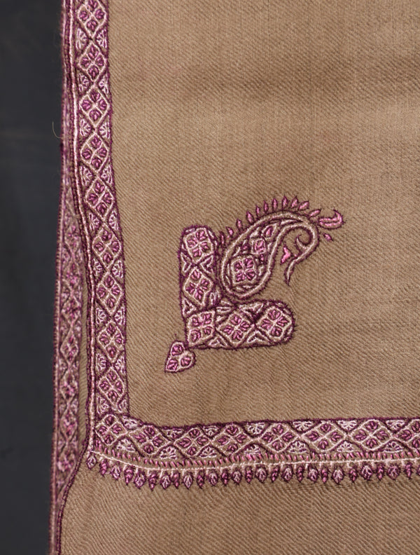 3 yard Natural Brown Small Border Embroidery Cashmere Pashmina Shawl – detail view