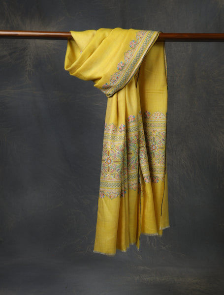 Lemon Base Big Border Embroidery Cashmere Pashmina Shawl