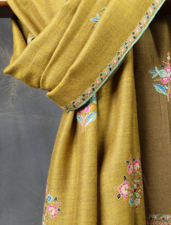 Mustard And Brown Base Reversible Motif Embroidery Cashmere Pashmina Shawl – detail view