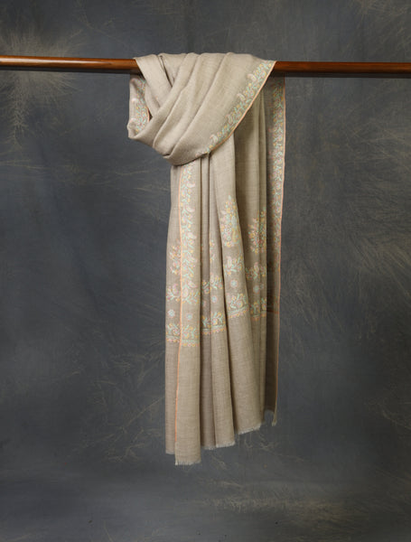 Natural Base Big Border Embroidery Cashmere Pashmina Shawl
