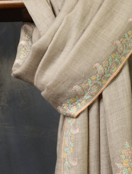 Natural Base Big Border Embroidery Cashmere Pashmina Shawl