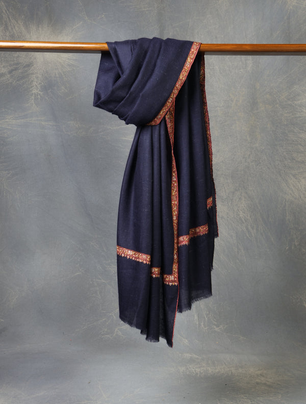 Navy Blue colour with Blue Small Border Embroidery Cashmere Pashmina Shawl