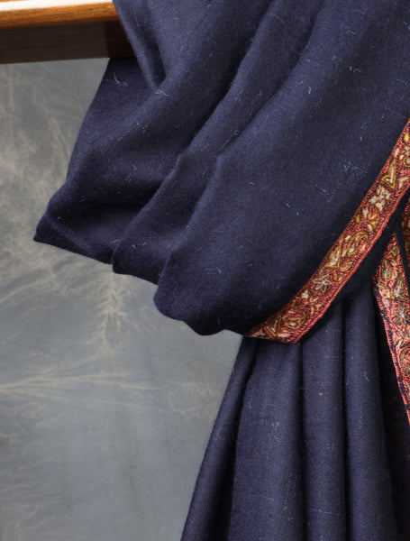 Navy Blue colour with Blue Small Border Embroidery Cashmere Pashmina Shawl