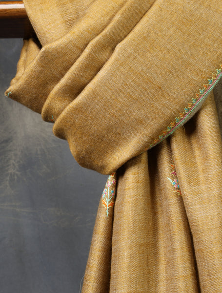 Mustard And Natural Base Reversible Motif Embroidery Cashmere Pashmina Shawl