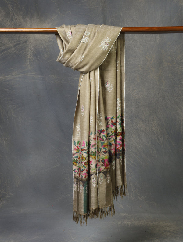 Natural Butti-Dar With Kani Border Embroidery Cashmere Pashmina Shawl
