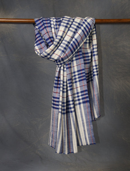 Ivory And Blue  Plaid Pure Cashmere Pashmina Shaw

