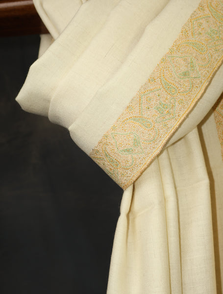 Ivory Base Big Border Embroidery Cashmere Pashmina Shawl