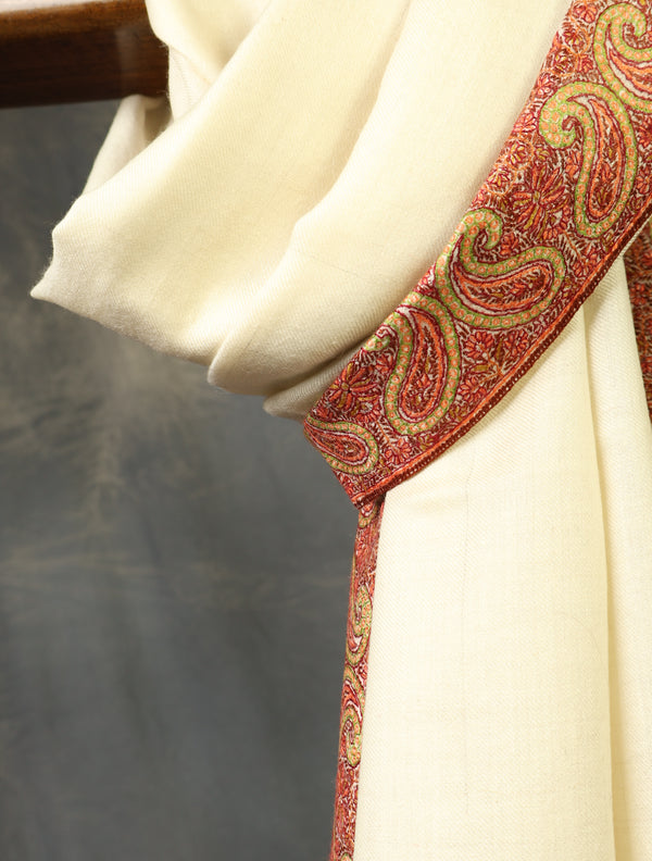 Ivory Base Big Border Embroidery Cashmere Pashmina Shawl — pashmina shawl detail