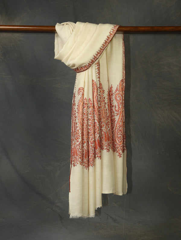Ivory Base Big Border Embroidery Cashmere Pashmina Shawl — Sozni border embroidery pashmina shawl from Kashmir