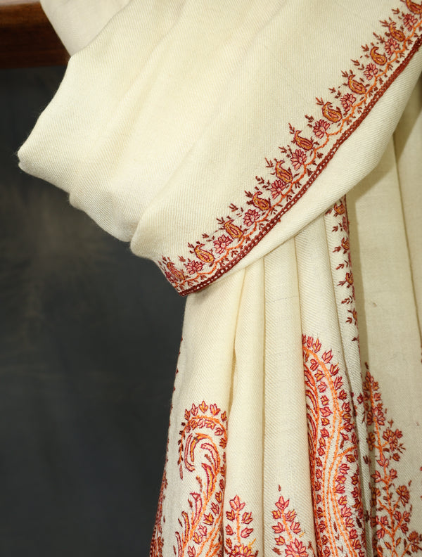 Ivory Base Big Border Embroidery Cashmere Pashmina Shawl — pashmina shawl detail