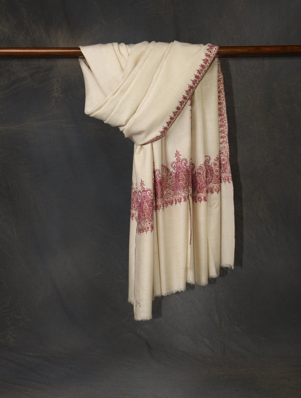 Ivory Base Big Border Embroidery Cashmere Pashmina Shawl — Sozni border embroidery pashmina shawl from Kashmir