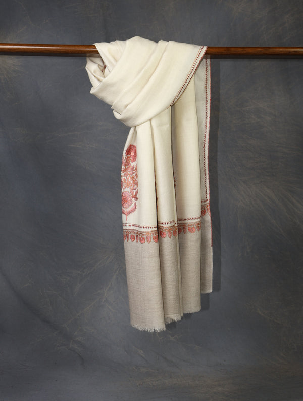 Ivory Base Big Motif Border Embroidery Cashmere Pashmina Shawl — Sozni border embroidery pashmina shawl from Kashmir