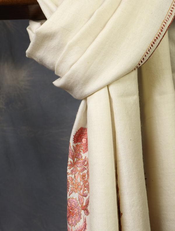 Ivory Base Big Motif Border Embroidery Cashmere Pashmina Shawl — pashmina shawl detail