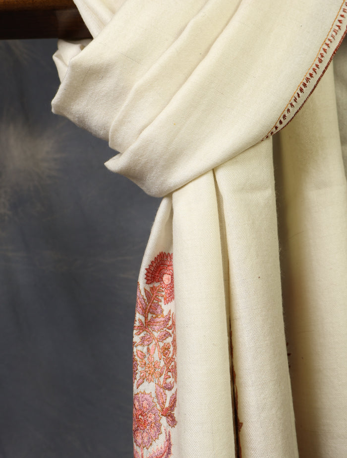 Ivory Base Big Motif Border Embroidery Cashmere Pashmina Shawl