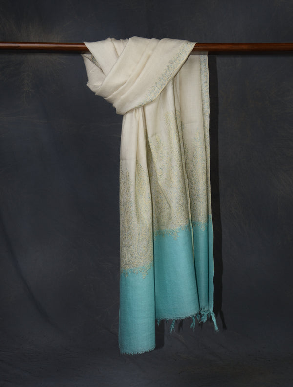 Ivory Base Blue Big Border Embroidery Cashmere Pashmina Shawl