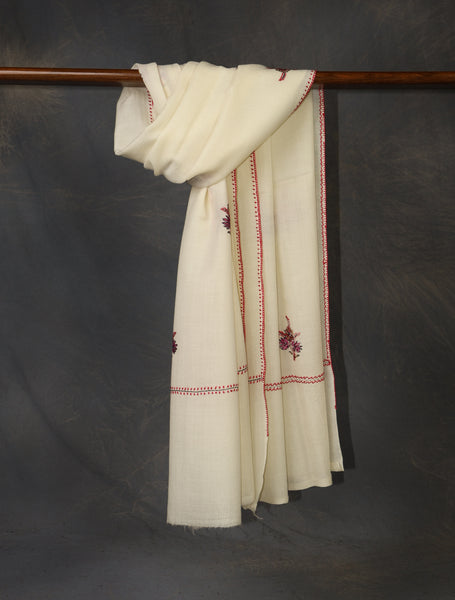 Ivory Base Buteh Merino Sozni Hand Embroidery Scarf