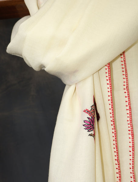 Ivory Base Buteh Merino Sozni Hand Embroidery Scarf