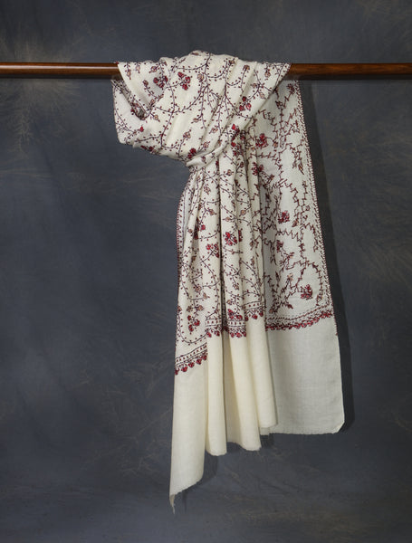 Ivory Base Jali Sozni Embroidery Merino Wool Scarf