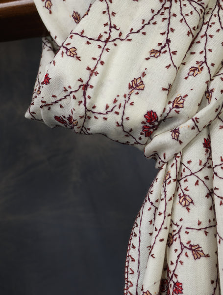 Ivory Base Jali Sozni Embroidery Merino Wool Scarf
