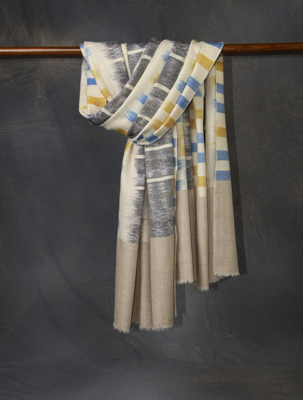 Ivory Base Multi Color Ikat Plaid Pure Cashmere Pashmina Shawl 
