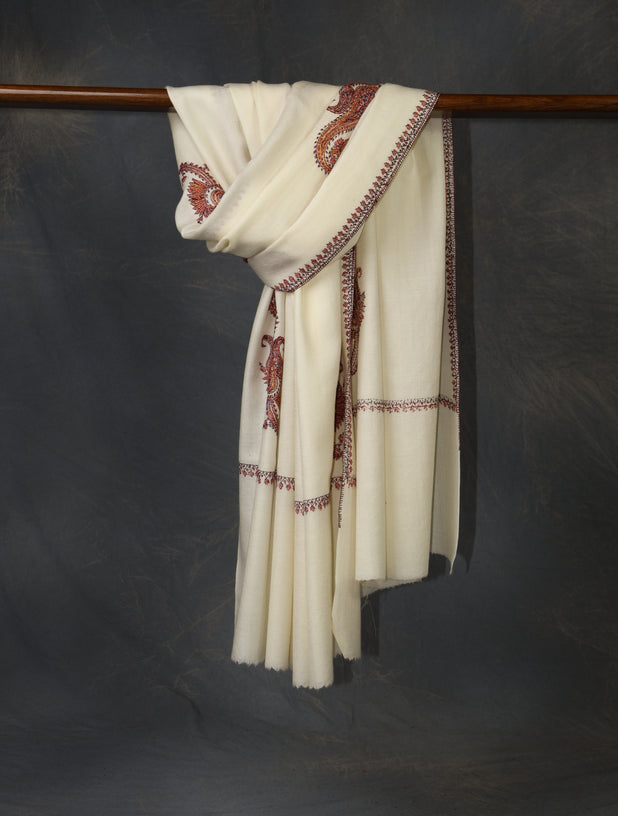 Ivory Base Paisley Merino Embroidery Shawl