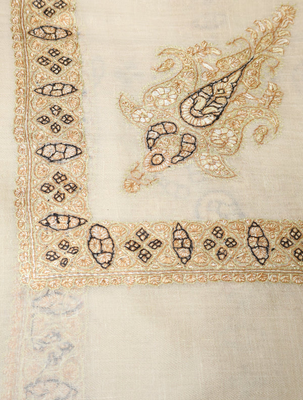 Ivory Base Pashmina Mussar With Golden Tone