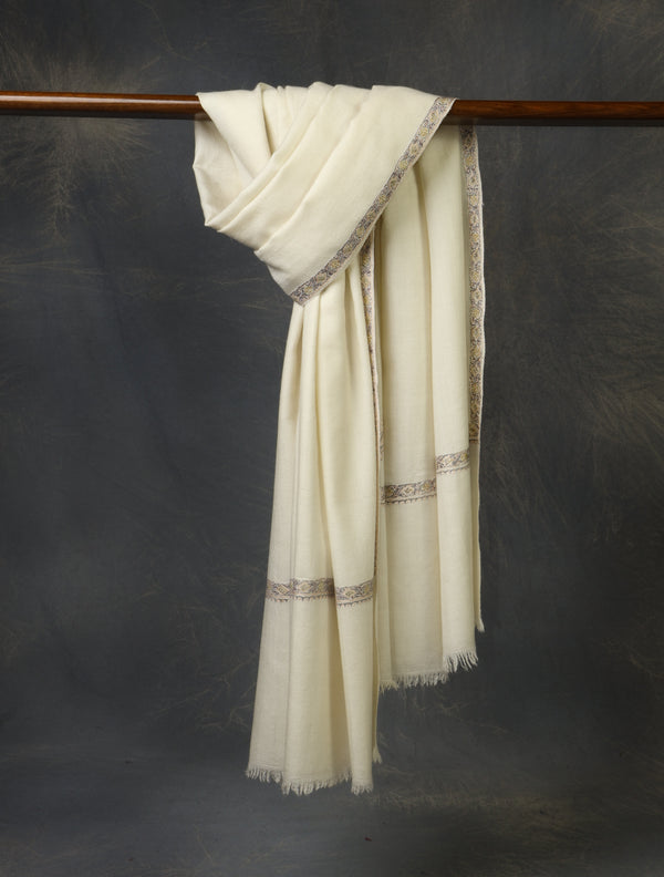 Ivory Base Small Border Embroidery Cashmere Pashmina Shawl — embroidered cashmere winter shawl from Kashmir