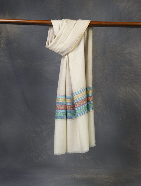 Ivory Base With Border Embroidery Cashmere Pashmina Scarf
