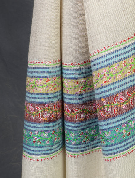 Ivory Base With Border Embroidery Cashmere Pashmina Scarf

