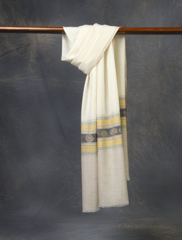 Ivory Base With Border Embroidery Cashmere Pashmina Scarf
