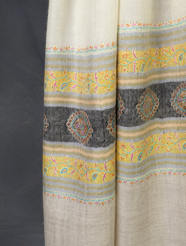 Ivory Base With Border Embroidery Cashmere Pashmina Scarf
 – detail view