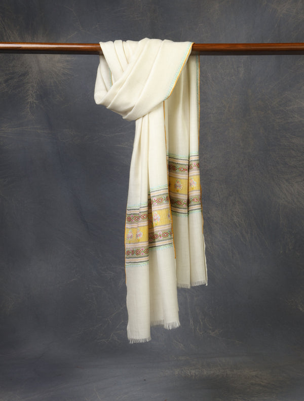 Ivory Base With Border Embroidery Cashmere Pashmina Scarf

