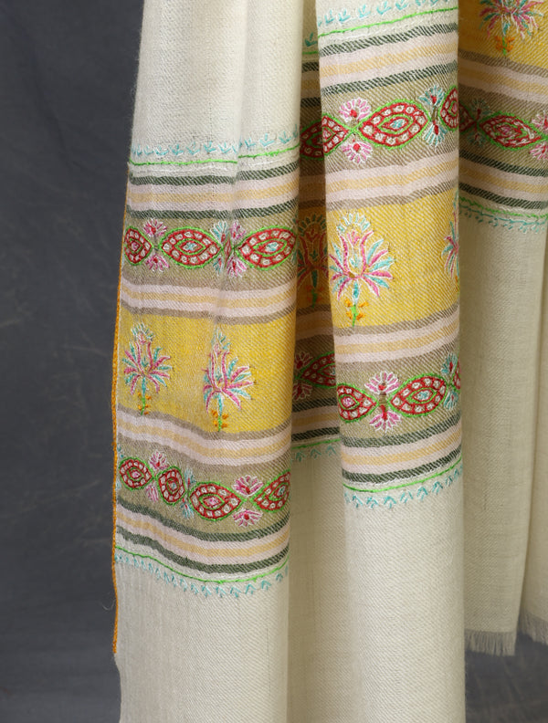 Ivory Base With Border Embroidery Cashmere Pashmina Scarf
 – detail view