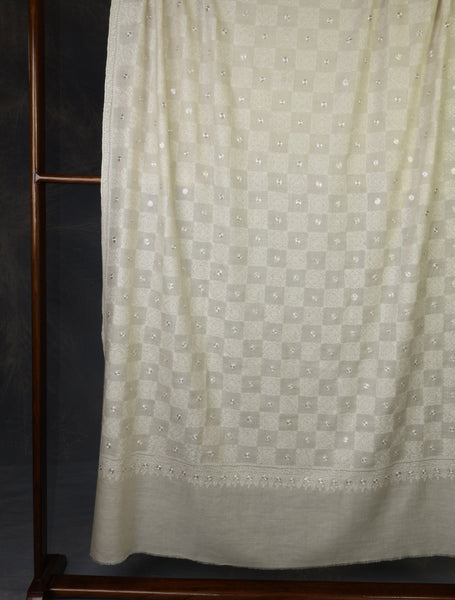 Ivory Base With Checkered Tilla Jali Embroidery Pashmina Shawl