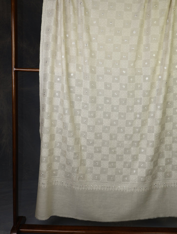 Ivory Base With Checkered Tilla Jali Embroidery Pashmina Shawl