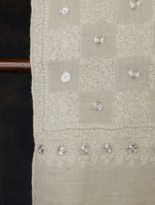  Ivory Base With Checkered Tilla Jali Embroidery Pashmina Shawl