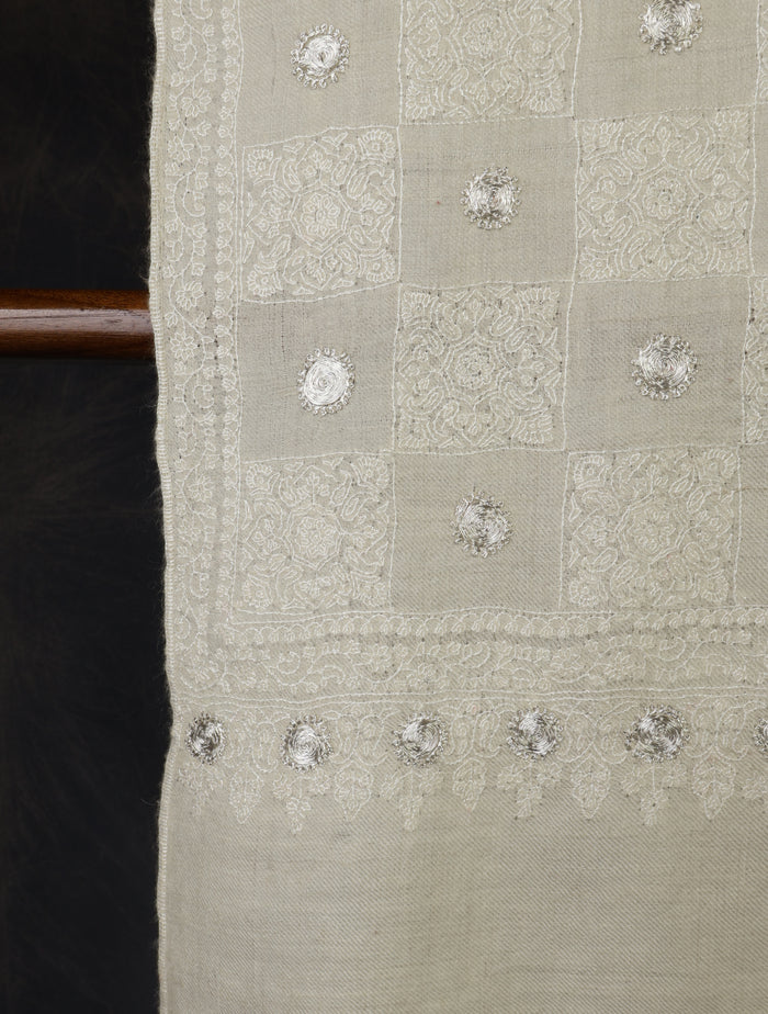 Ivory Base With Checkered Tilla Jali Embroidery Pashmina Shawl
