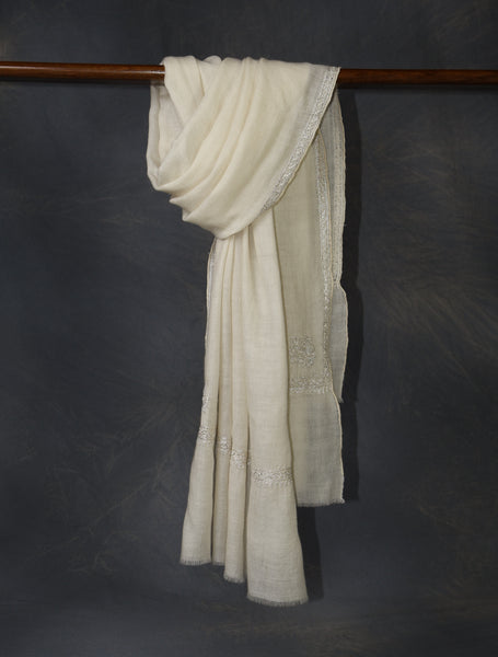 Ivory Base with Tilla Border Embroidery Cashmere Pashmina Scarf