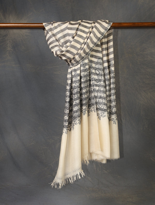 Ivory Black Striped With Big Border Embroidery Cashmere Pashmina Shawl — Sozni border embroidery pashmina shawl from Kashmir